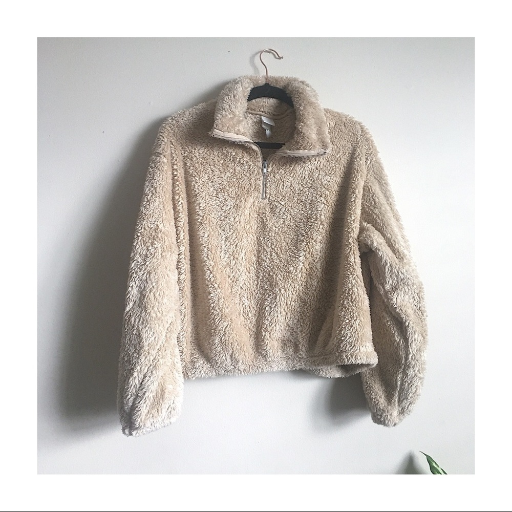 H&M Taupe Faux Fur Zipper Sweater